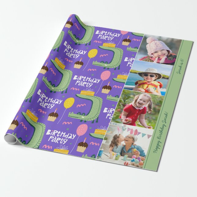 Alligator Pattern Birthday Party Text and Photo Wrapping Paper (Unrolled)