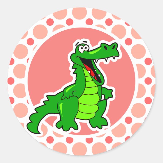 Alligator; Pink & Coral Polka Dots Classic Round Sticker (Front)