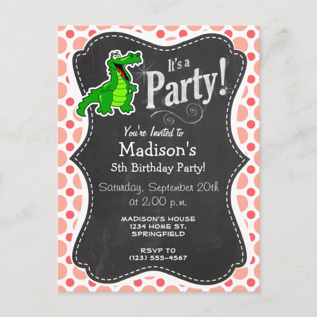 Alligator; Pink & Coral Polka Dots Invitation Postcard (Front)