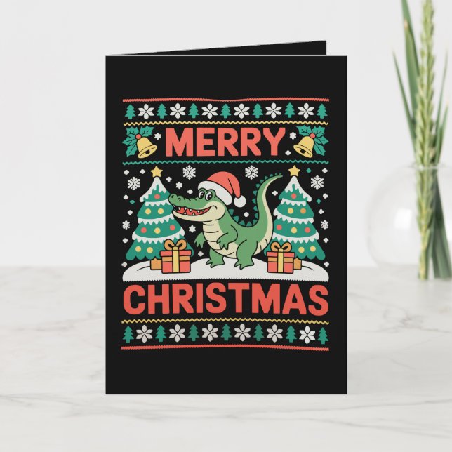 Alligator Santa Hat Ugly Sweater Christmas Tree Card (Front)