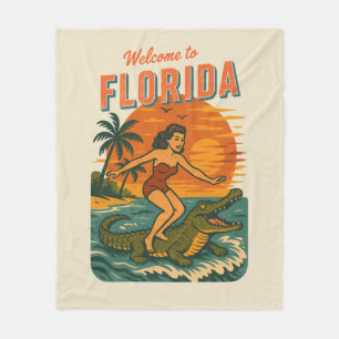 Alligator Surfing Beach Pin-up   Retro Coastal Art Fleece Blanket