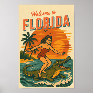 Alligator Surfing Beach Pin-up   Retro Coastal Art Poster