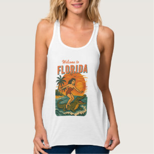 Alligator Surfing Beach Pin-up Retro Coastal Life Singlet