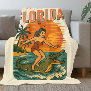 Alligator Surfing Beach Pin-up Retro Coastal Surf Fleece Blanket