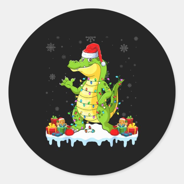 Alligator Wearing Xmas Lights Santa Hat Alligator  Classic Round Sticker (Front)