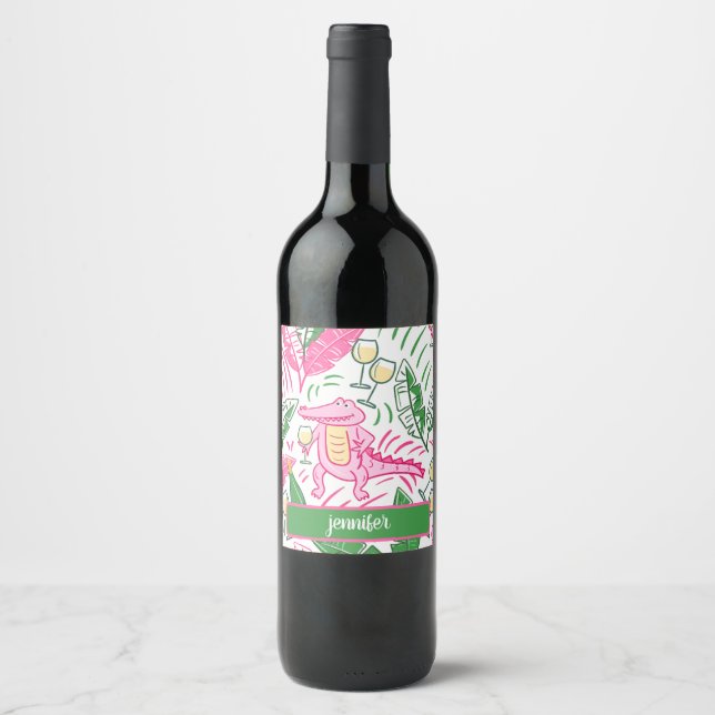 Alligator Wine Pink Green Preppy Personalised Label (Front)