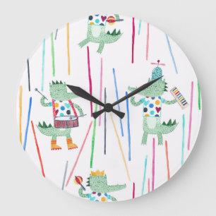 Alligators Music: Watercolor Childish Seamless Large Clock