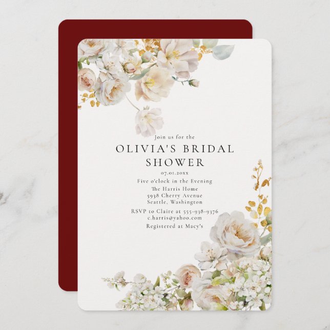 Allure - White Roses & Baby's Breath Bridal Shower Invitation (Front/Back)