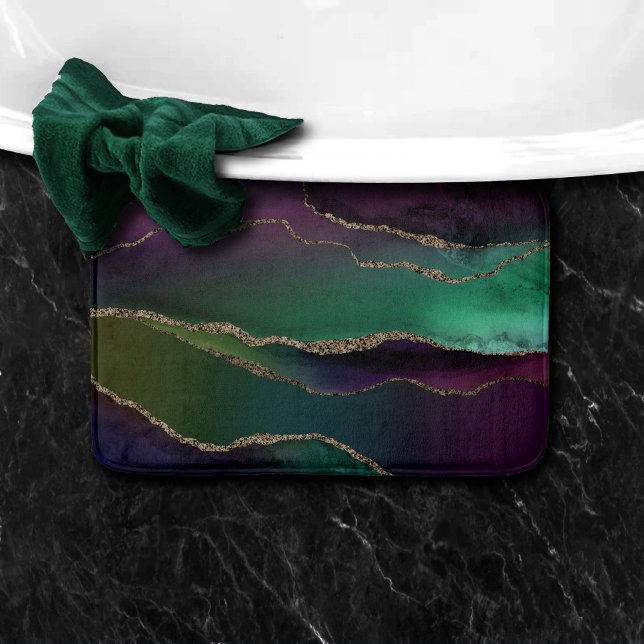 Alluring Agate | Dark Jewel Tone Stone Gold Veins Bath Mat (Creator Uploaded)