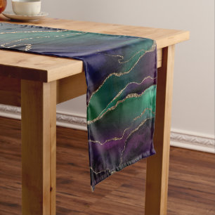 Alluring Agate   Dark Jewel Tone Stone Gold Veins Short Table Runner
