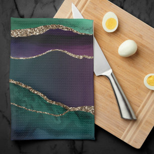Alluring Agate   Dark Jewel Tone Stone Gold Veins Tea Towel