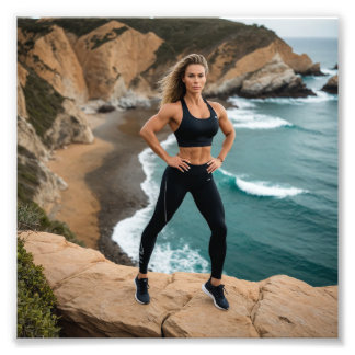 Alluring Fitness Girl Posing in Lycra on Cliff Photo Print