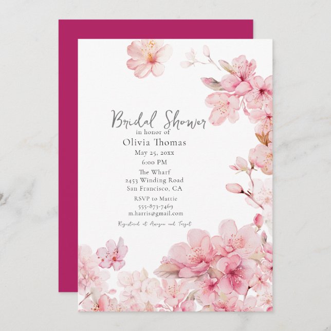 Alluring Pink Cherry Blossom Flowers Bridal Shower Invitation (Front/Back)