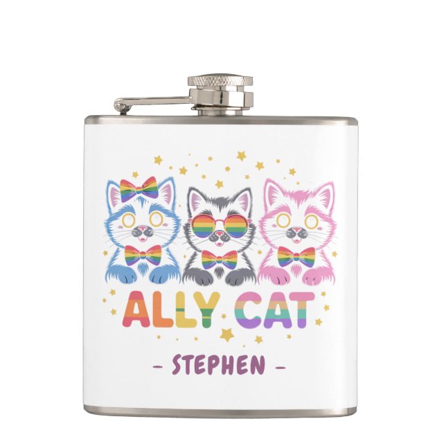 Ally Cat – Cute Colourful Cat LGBTQ Pride Hip Flask (Front)