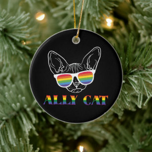 Ally Cat – Cute Pride Cat with Rainbow Sunglasses Ceramic Tree Decoration