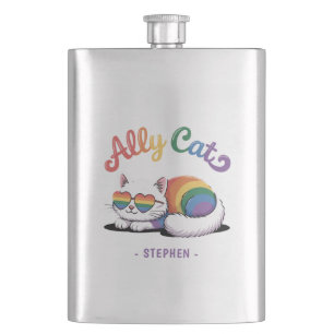 Ally Cat – Cute White Cat LGBTQ Pride (2) Hip Flask