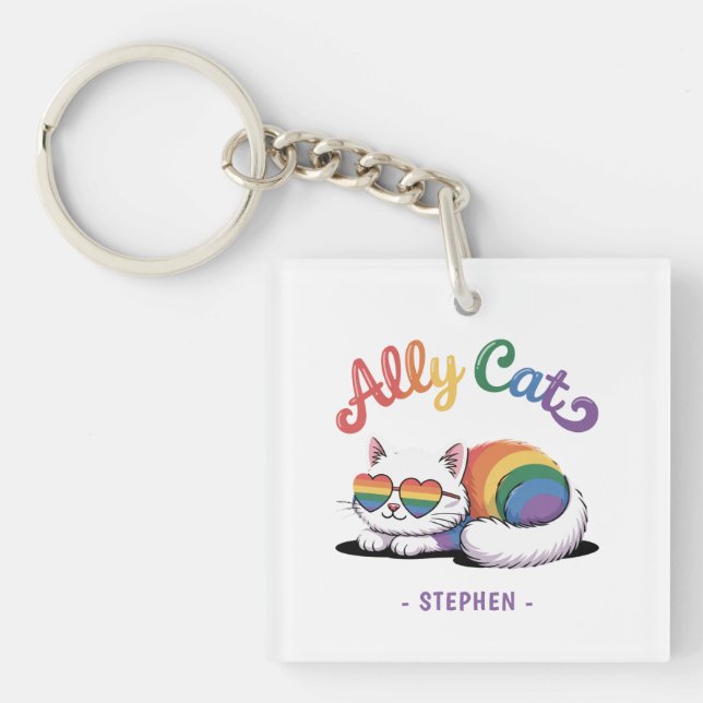 Ally Cat – Cute White Cat LGBTQ Pride (2) Key Ring (Front)