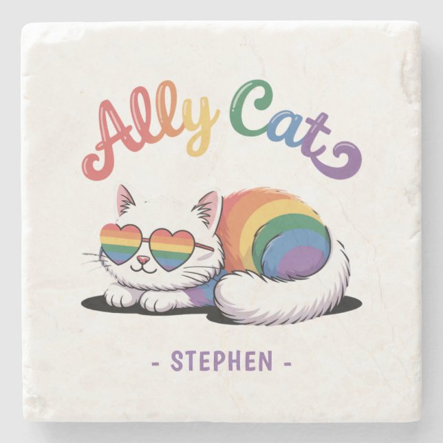 Ally Cat – Cute White Cat LGBTQ Pride (2) Stone Coaster (Front)