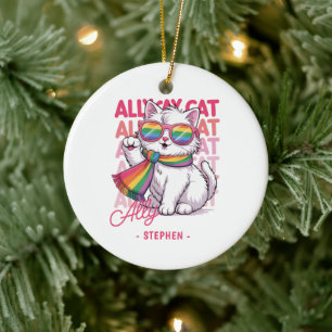 Ally Cat – Cute White Cat LGBTQ Pride Ceramic Tree Decoration