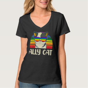 Ally Cat Glasses Sunset Rainbow LGBT Gay Lesbian T T-Shirt