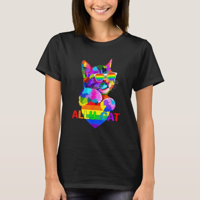 Ally Cat LGBT Gay Rainbow Pride Flag Boys Men Girl T-Shirt (Front)