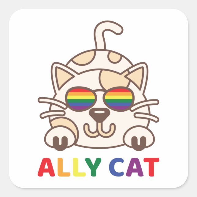 Ally Cat LGBTQ Gay Lesbian Rainbow Pride Flag Square Sticker (Front)