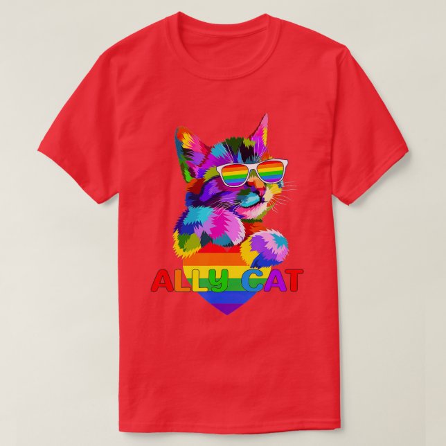 Ally cat rainbow flag heart for LGBT gay and lesbi T-Shirt (Design Front)