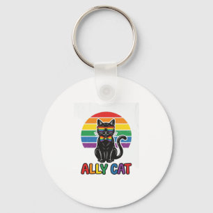 Ally Cat Rainbow Pride Vintage Cat Shirt Design_1 Key Ring