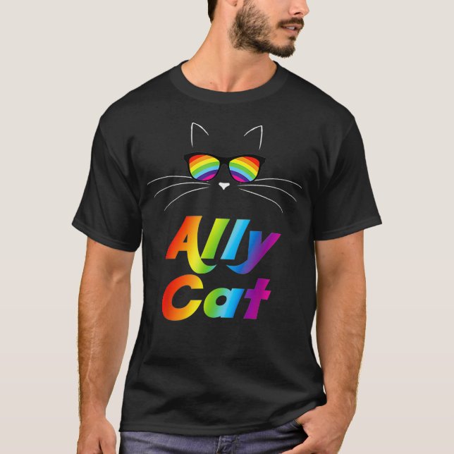 Ally Cat Rainbow Sunglasses Gay Pride Kitty Allies T-Shirt (Front)