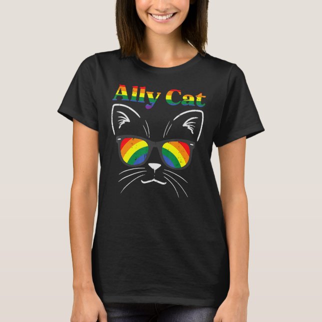 Ally Cat Sunglasses Gay Rainbow Pride Lgbt Support T-Shirt (Front)