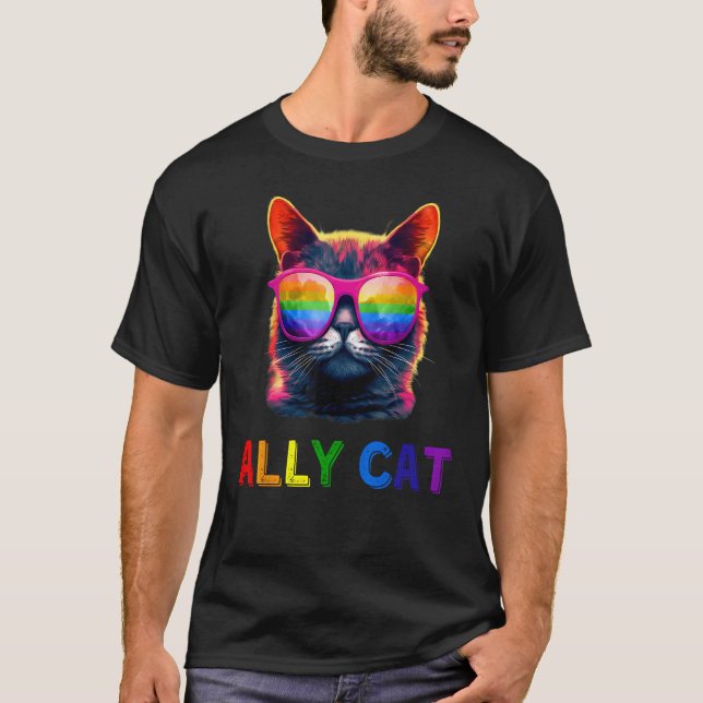 Ally Cat Sunglasses LGBT LGBTQ Gay Pride Flag Cute T-Shirt (Front)