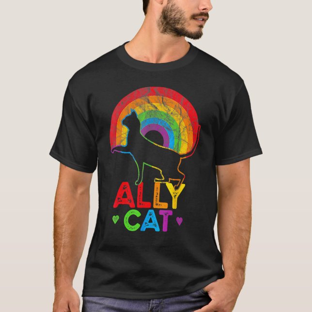 Allycat LGBT Cat With Ally Pride Rainbow T-Shirt (Front)