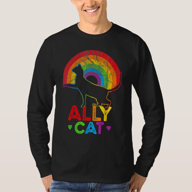 Allycat LGBT Cat With Ally Pride Rainbow T-Shirt (Front)