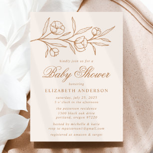 Almond and Copper Sketched Floral Baby Shower Invitation