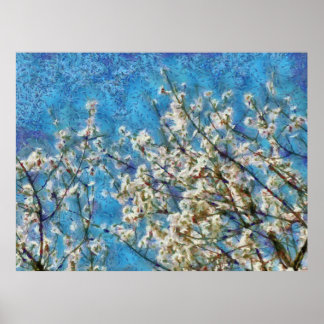 Almond Blossom and Blue Sky In Dotted Art Style Poster