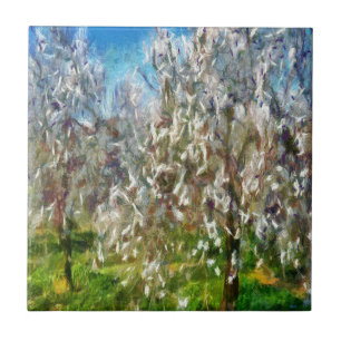 Almond Blossom Pointillism Dot Art Painting Tile