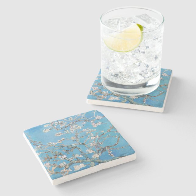 Almond Blossoms Blue Vincent van Gogh Art Painting Stone Coaster (Side)