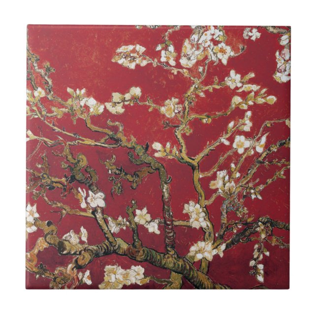 Almond Blossoms Red Vincent van Gogh Art Painting Tile (Front)