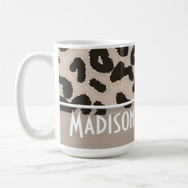 Almond Colour Leopard Animal Print; Personalised Coffee Mug (Left)