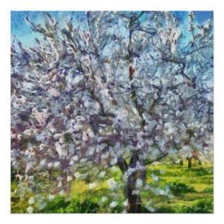 Almond Tree Blossom Dotted Art Style Painting Poster