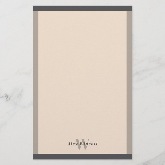 Almond Warm Grey Borders Monogrammed Stationery (Front)