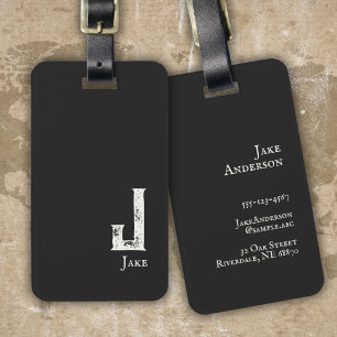 Almost black and white initials and name luggage tag