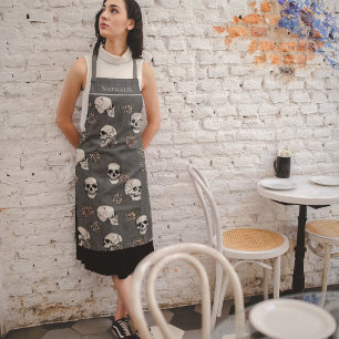 Almost Black Gothic Skulls and Roses Custom Name Apron