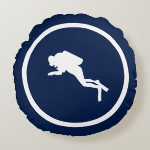 Almost Navy blue DOLPHIN AND SCUBA DIVER nautical Round Cushion