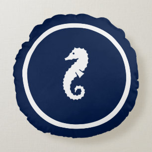 Almost Navy blue Seahorses nautical design Round Cushion