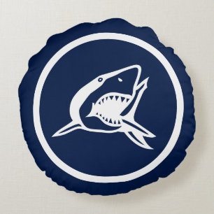 Almost Navy blue wGreat white shark nautical Round Cushion