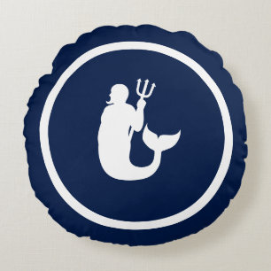 Almost Navy blue + white mermaid merman Round Cushion