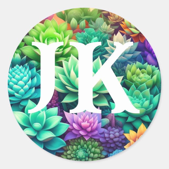 Aloe Vera and Succulents Collage Monogrammed Classic Round Sticker (Front)