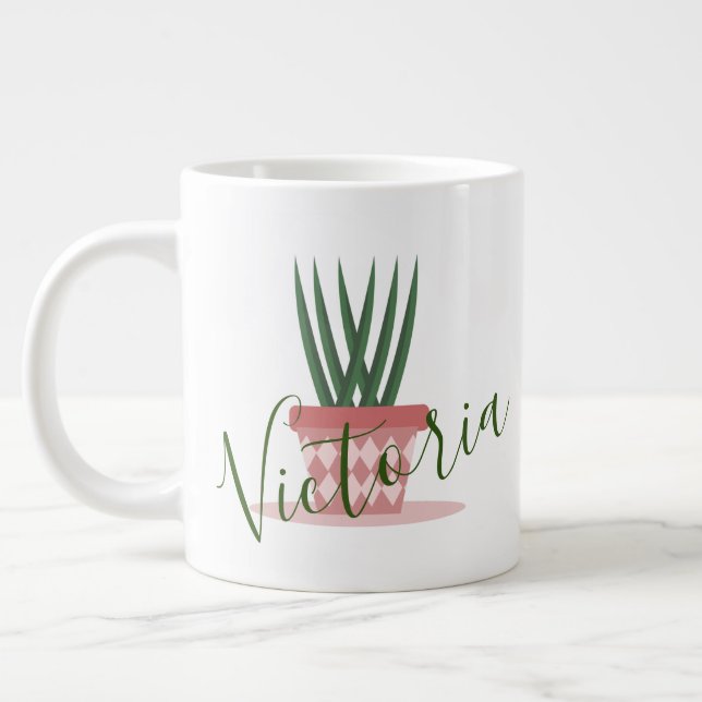 Aloe Vera Cactus Illustration Name Large Coffee Mug (Left)