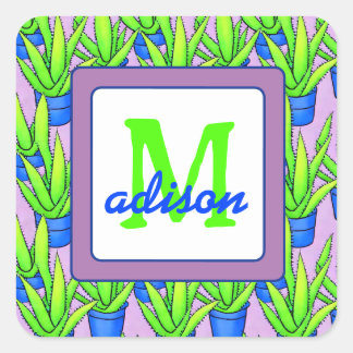 Aloe Vera Plants Pattern Monogrammed Square Sticker
